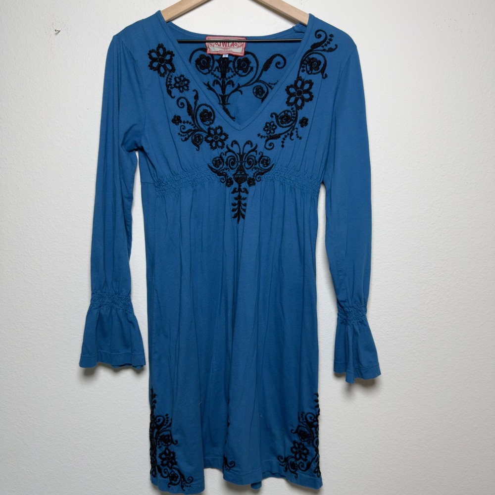 Johnny Was JWLA Women Cotton Tunic Mini Dress L Blue Embroidered Artsy Boho